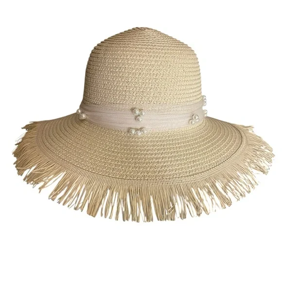 Wide brim straw pearl sun hat - Picture 1 of 3